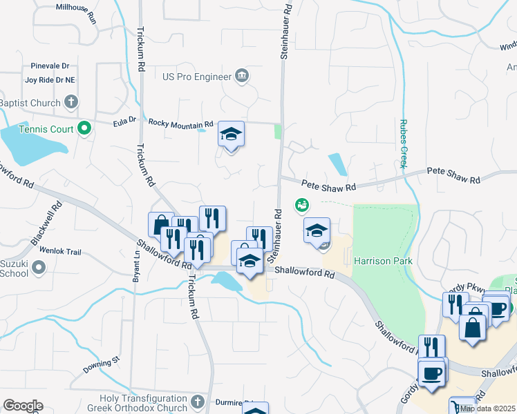 map of restaurants, bars, coffee shops, grocery stores, and more near 3890 Stone Hearth Place in Marietta