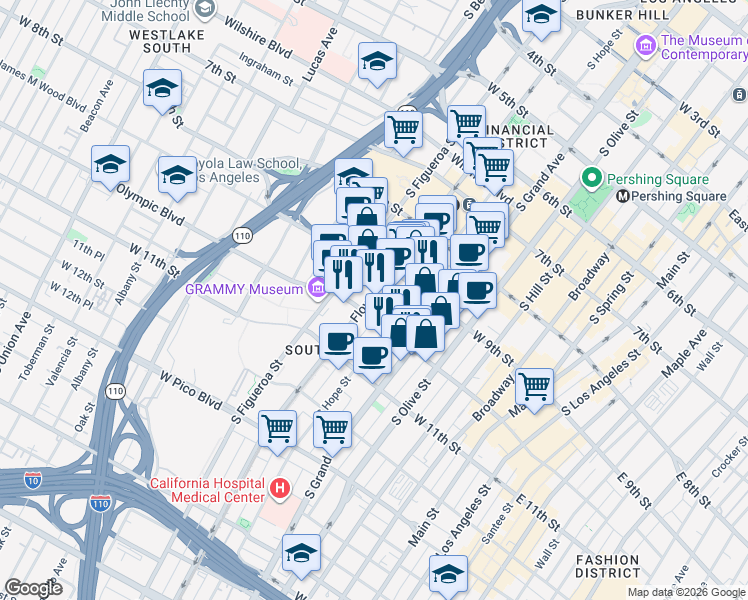 map of restaurants, bars, coffee shops, grocery stores, and more near 960 South Hope Street in Los Angeles