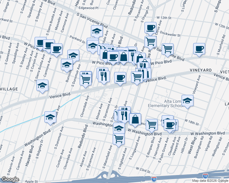 map of restaurants, bars, coffee shops, grocery stores, and more near 1614 South Sycamore Avenue in Los Angeles