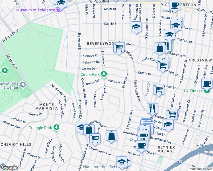 map of restaurants, bars, coffee shops, grocery stores, and more near 2111 South Beverly Drive in Los Angeles