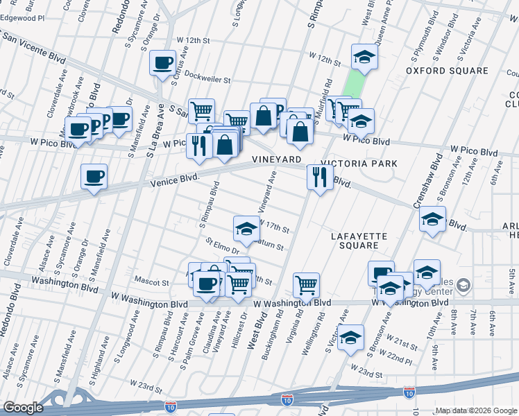 map of restaurants, bars, coffee shops, grocery stores, and more near 1651 Vineyard Avenue in Los Angeles