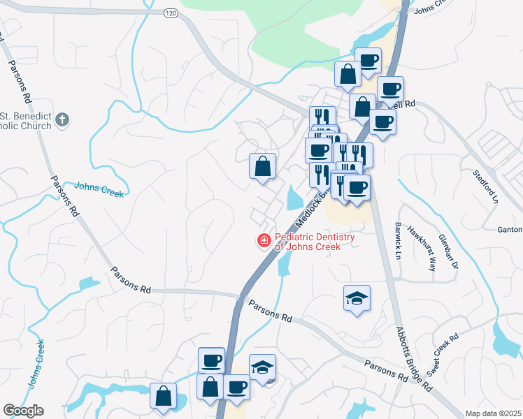 map of restaurants, bars, coffee shops, grocery stores, and more near 6092 Prestwood Drive in Duluth