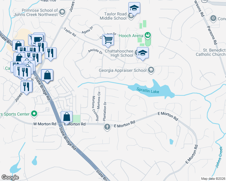 map of restaurants, bars, coffee shops, grocery stores, and more near 460 Carriage Court in Alpharetta