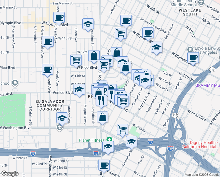 map of restaurants, bars, coffee shops, grocery stores, and more near 1433 Malvern Avenue in Los Angeles