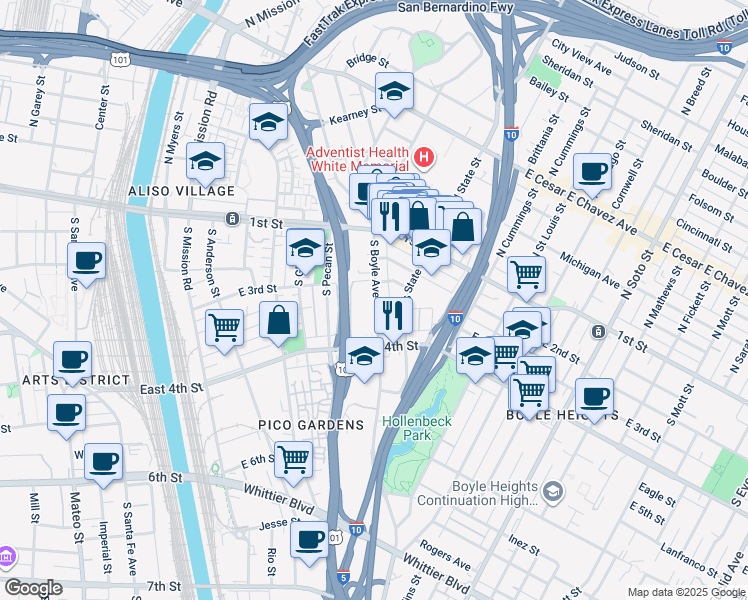 map of restaurants, bars, coffee shops, grocery stores, and more near 313 1/2 South Boyle Avenue in Los Angeles