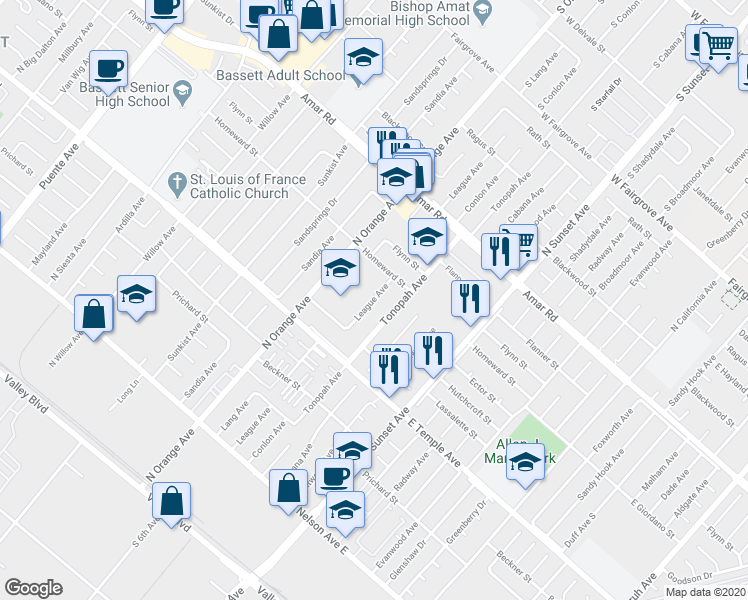 map of restaurants, bars, coffee shops, grocery stores, and more near 601 League Avenue in La Puente