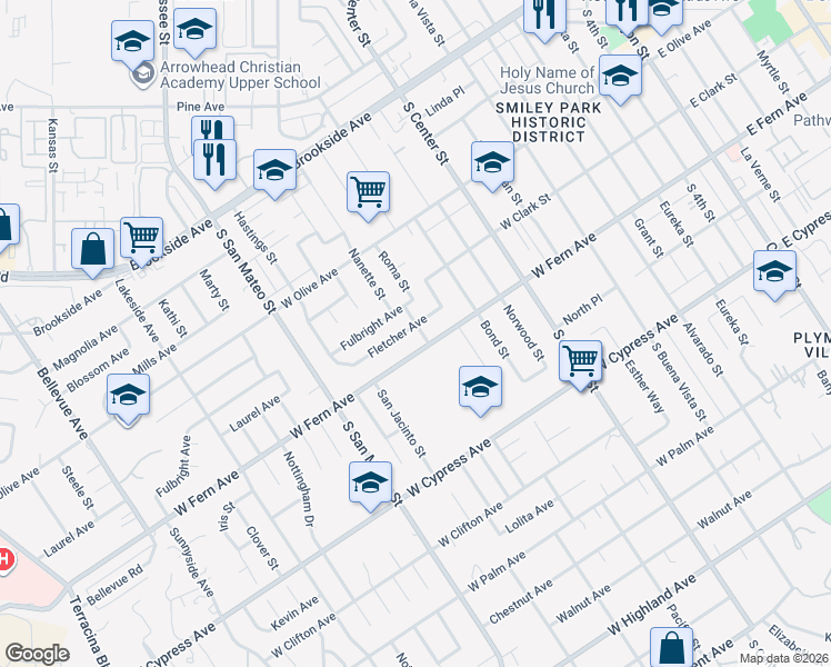 map of restaurants, bars, coffee shops, grocery stores, and more near 1023 West Fern Avenue in Redlands