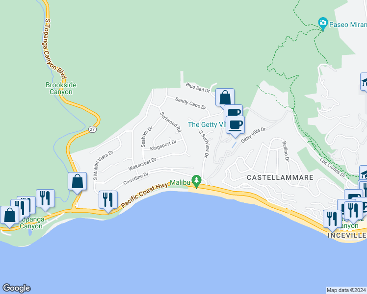 map of restaurants, bars, coffee shops, grocery stores, and more near 3817 Surfwood Road in Malibu