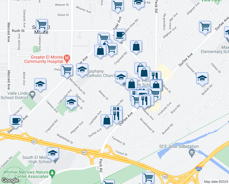 map of restaurants, bars, coffee shops, grocery stores, and more near 1755 Leafdale Avenue in South El Monte