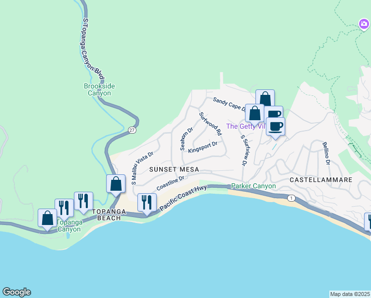 map of restaurants, bars, coffee shops, grocery stores, and more near 3748 Seahorn Drive in Malibu