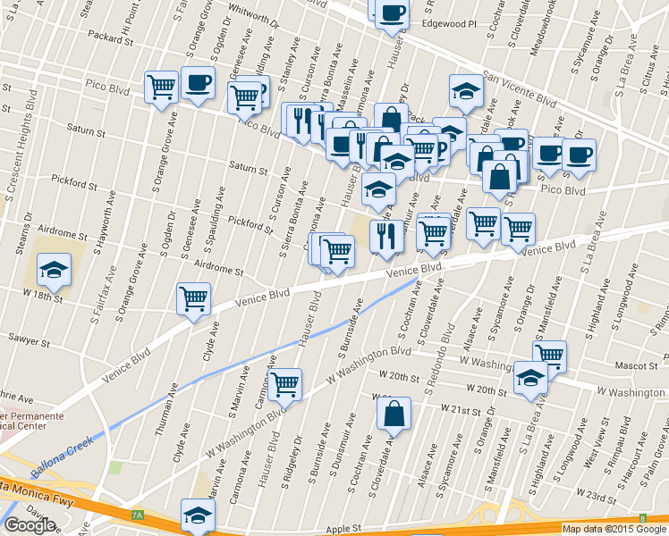 map of restaurants, bars, coffee shops, grocery stores, and more near 1614 Hauser Boulevard in Los Angeles