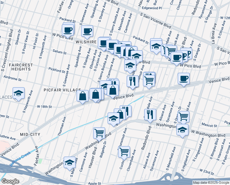 map of restaurants, bars, coffee shops, grocery stores, and more near 1614 Hauser Boulevard in Los Angeles