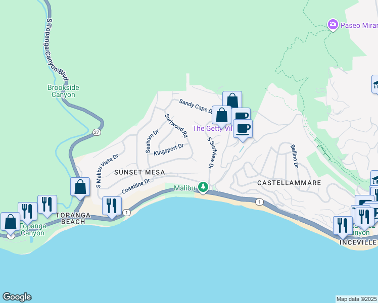 map of restaurants, bars, coffee shops, grocery stores, and more near 3817 Surfwood Road in Malibu