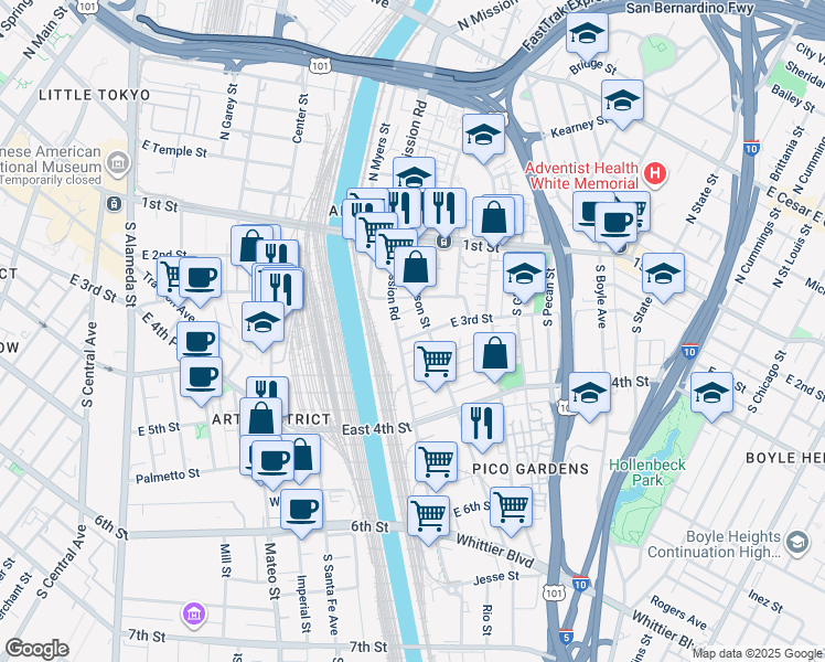 map of restaurants, bars, coffee shops, grocery stores, and more near 320 South Mission Road in Los Angeles