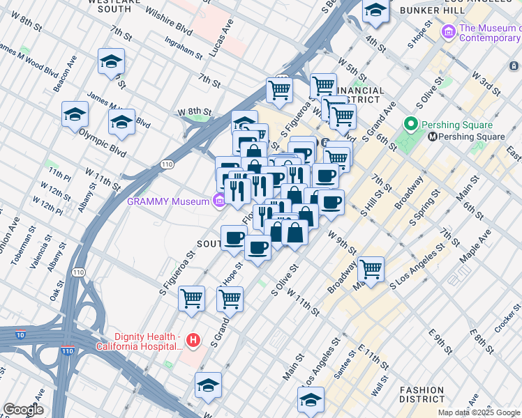 map of restaurants, bars, coffee shops, grocery stores, and more near 960 South Hope Street in Los Angeles
