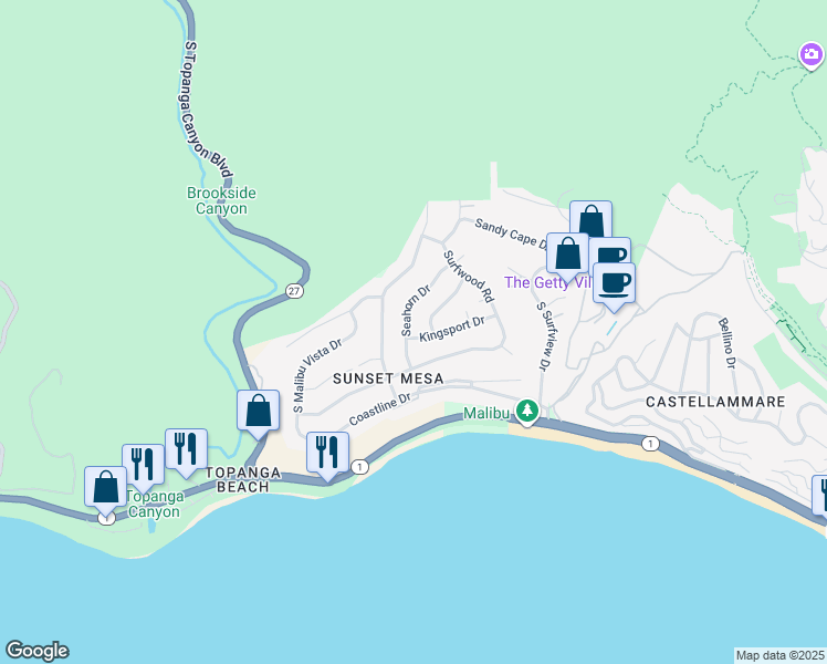 map of restaurants, bars, coffee shops, grocery stores, and more near 3748 Seahorn Drive in Malibu