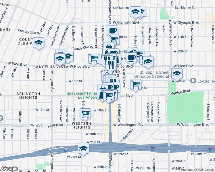 map of restaurants, bars, coffee shops, grocery stores, and more near 1423a South Western Avenue in Los Angeles