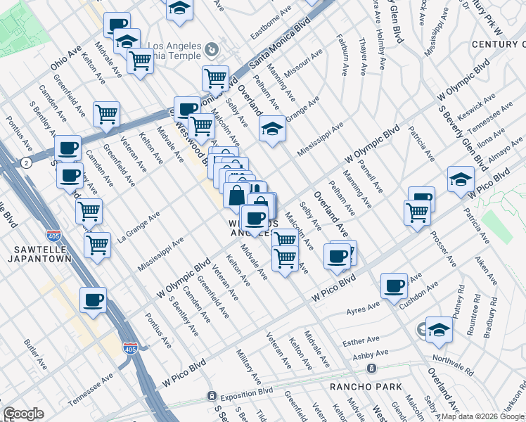 map of restaurants, bars, coffee shops, grocery stores, and more near 2149 Glendon Avenue in Los Angeles
