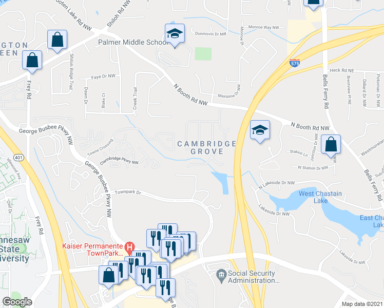 map of restaurants, bars, coffee shops, grocery stores, and more near 361 Ethridge Drive Northwest in Kennesaw