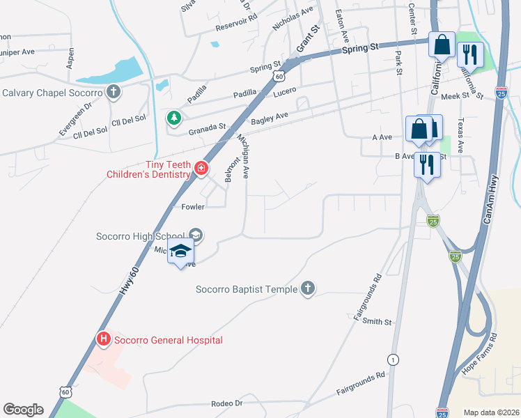 map of restaurants, bars, coffee shops, grocery stores, and more near 900 Jim St in Socorro