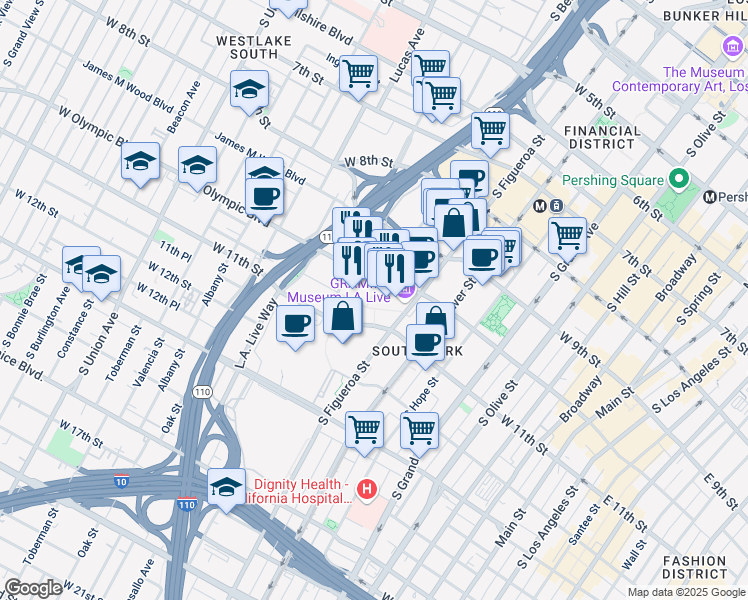 map of restaurants, bars, coffee shops, grocery stores, and more near 900 West Olympic Boulevard in Los Angeles