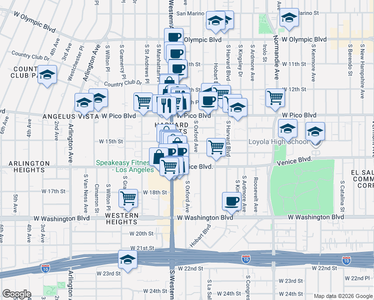 map of restaurants, bars, coffee shops, grocery stores, and more near 2251 Cambridge Street in Los Angeles