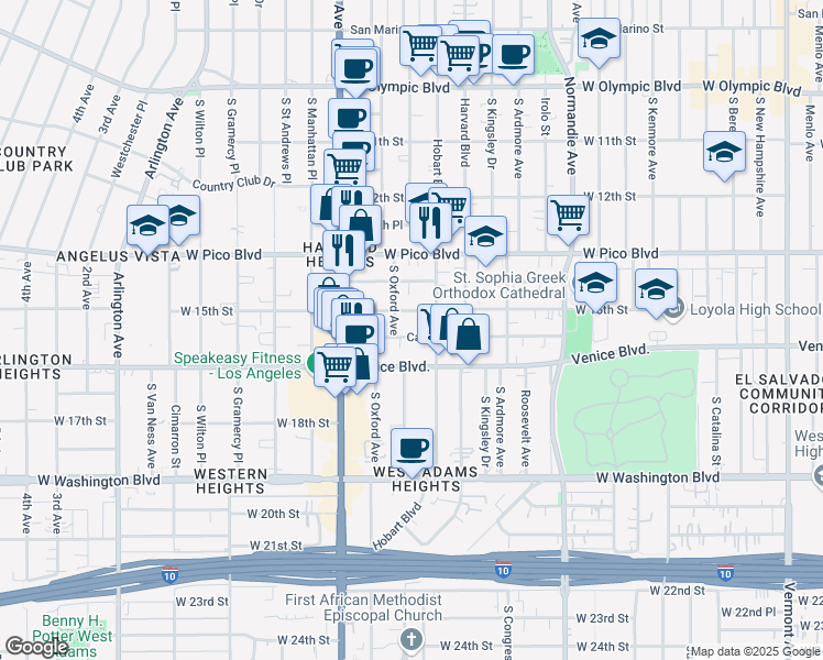 map of restaurants, bars, coffee shops, grocery stores, and more near 2201 Cambridge Street in Los Angeles