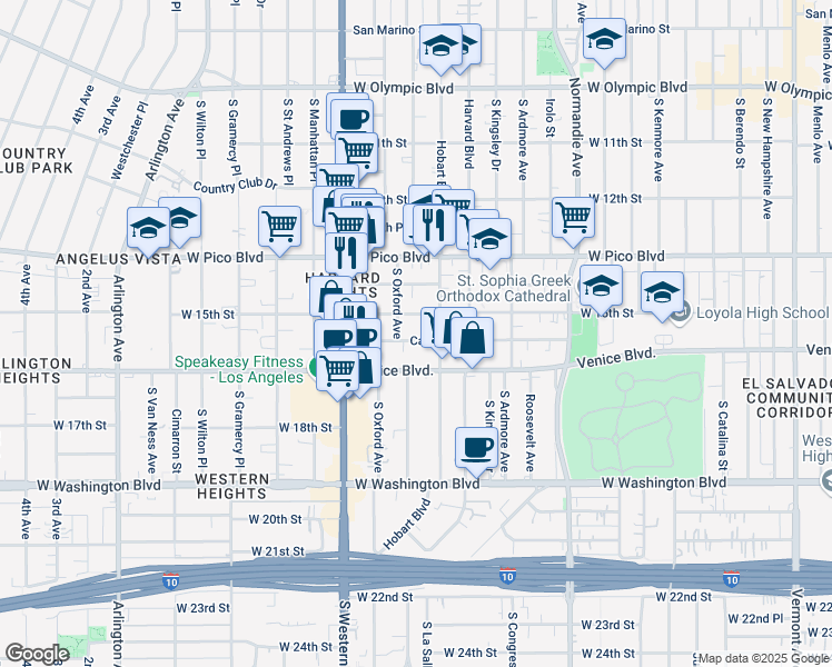 map of restaurants, bars, coffee shops, grocery stores, and more near 2201 Cambridge Street in Los Angeles