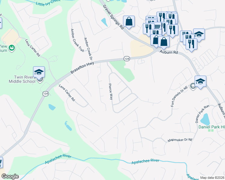map of restaurants, bars, coffee shops, grocery stores, and more near 2610 Betty Drive Northeast in Buford