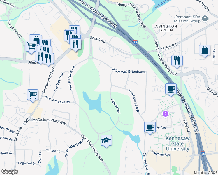 map of restaurants, bars, coffee shops, grocery stores, and more near 3771 Club Drive Northwest in Kennesaw