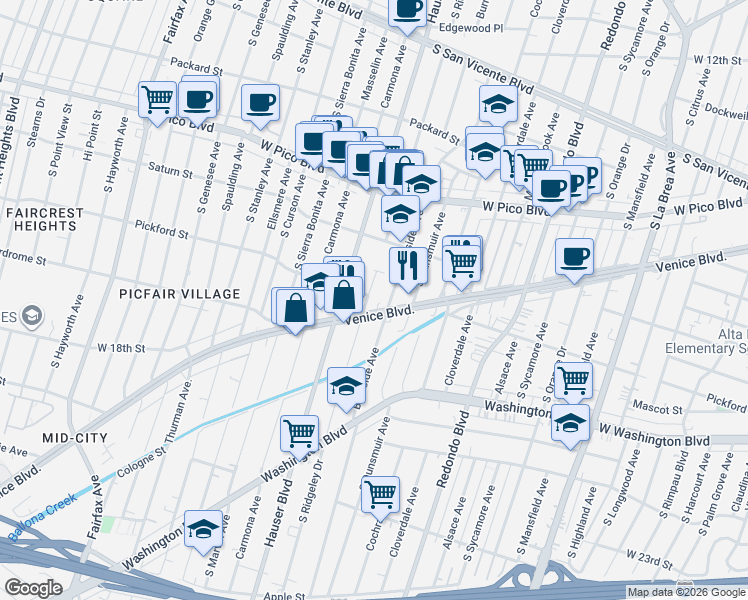 map of restaurants, bars, coffee shops, grocery stores, and more near 1572 Ridgeley Drive in Los Angeles