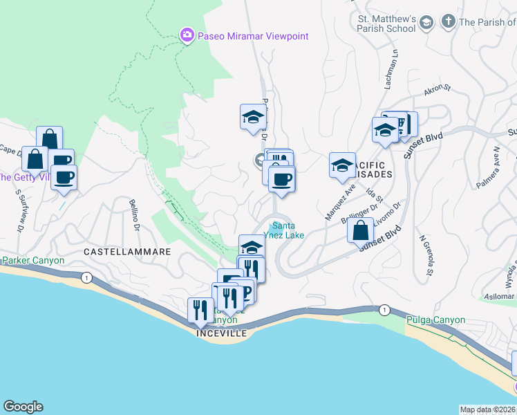 map of restaurants, bars, coffee shops, grocery stores, and more near 501 Palisades Drive in Los Angeles