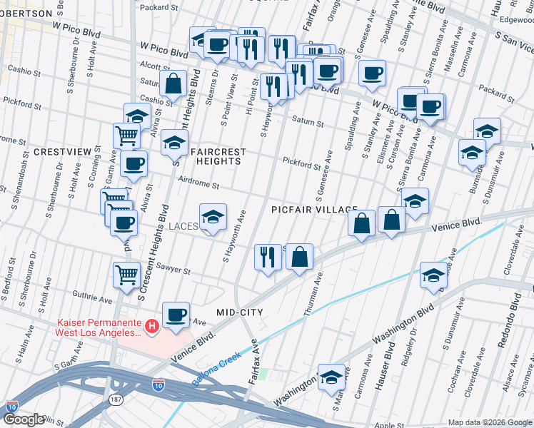 map of restaurants, bars, coffee shops, grocery stores, and more near 1724 South Fairfax Avenue in Los Angeles