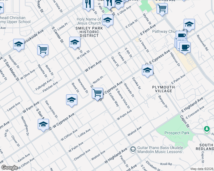 map of restaurants, bars, coffee shops, grocery stores, and more near 529 Esther Way in Redlands