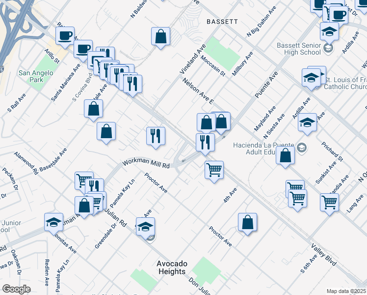 map of restaurants, bars, coffee shops, grocery stores, and more near 13726 Valley Blvd in La Puente