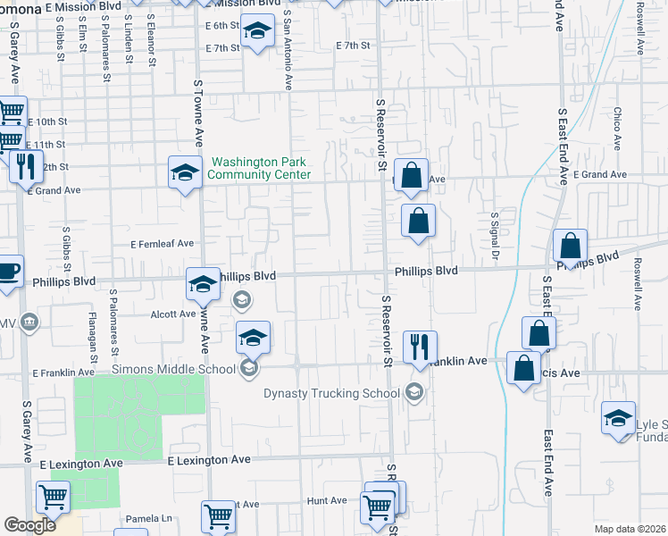map of restaurants, bars, coffee shops, grocery stores, and more near 1087 East Phillips Boulevard in Pomona
