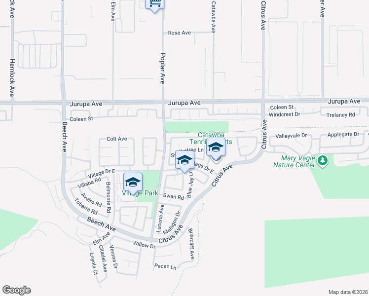 map of restaurants, bars, coffee shops, grocery stores, and more near 15785 Fiddleleaf Road in Fontana