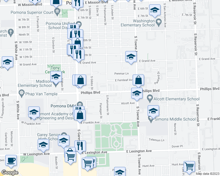 map of restaurants, bars, coffee shops, grocery stores, and more near 1445 South Palomares Street in Pomona