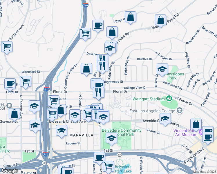 map of restaurants, bars, coffee shops, grocery stores, and more near 1499 Ridgecrest Street in Monterey Park