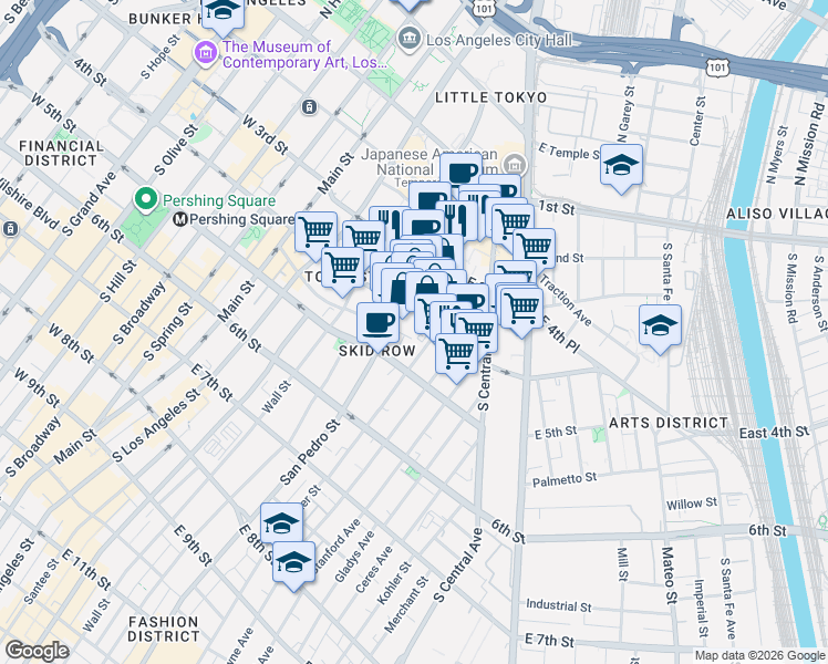 map of restaurants, bars, coffee shops, grocery stores, and more near 332 Omar Street in Los Angeles
