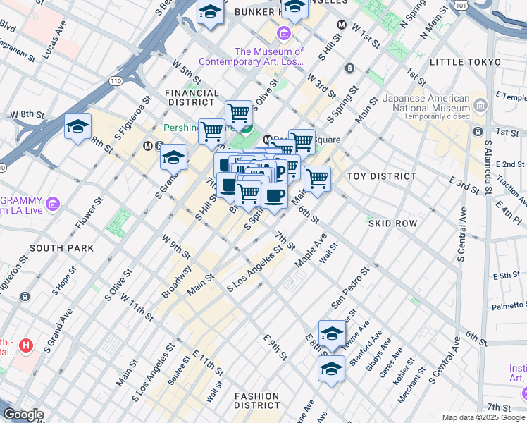 map of restaurants, bars, coffee shops, grocery stores, and more near 640 South Broadway in Los Angeles