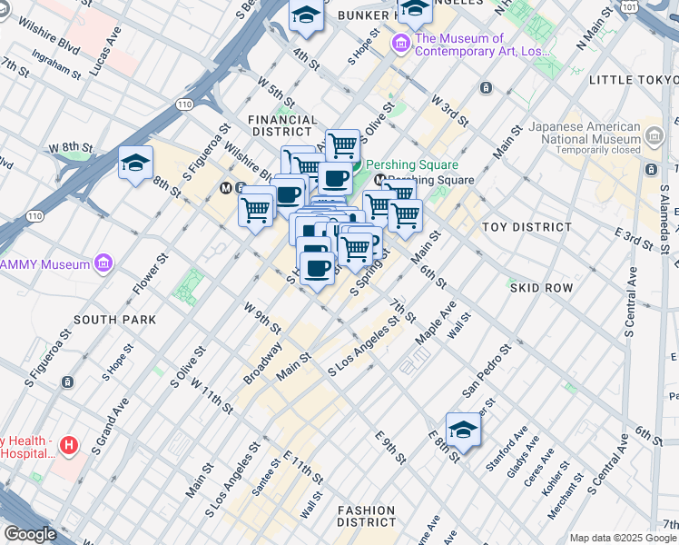 map of restaurants, bars, coffee shops, grocery stores, and more near 316 West 7th Street in Los Angeles