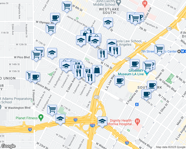 map of restaurants, bars, coffee shops, grocery stores, and more near 1425 West 12th Street in Los Angeles