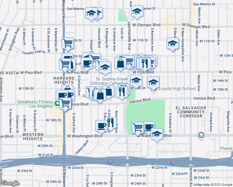 map of restaurants, bars, coffee shops, grocery stores, and more near 2755 West 15th Street in Los Angeles