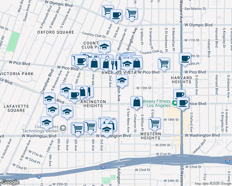 map of restaurants, bars, coffee shops, grocery stores, and more near 1513 2nd Avenue in Los Angeles