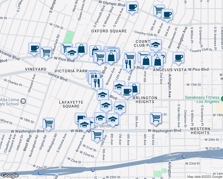 map of restaurants, bars, coffee shops, grocery stores, and more near 1439 12th Avenue in Los Angeles