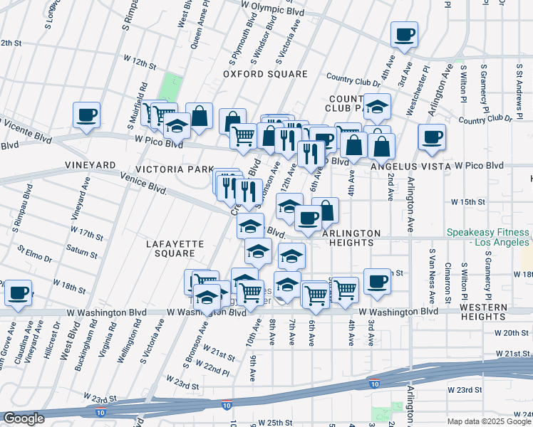 map of restaurants, bars, coffee shops, grocery stores, and more near 1439 12th Avenue in Los Angeles