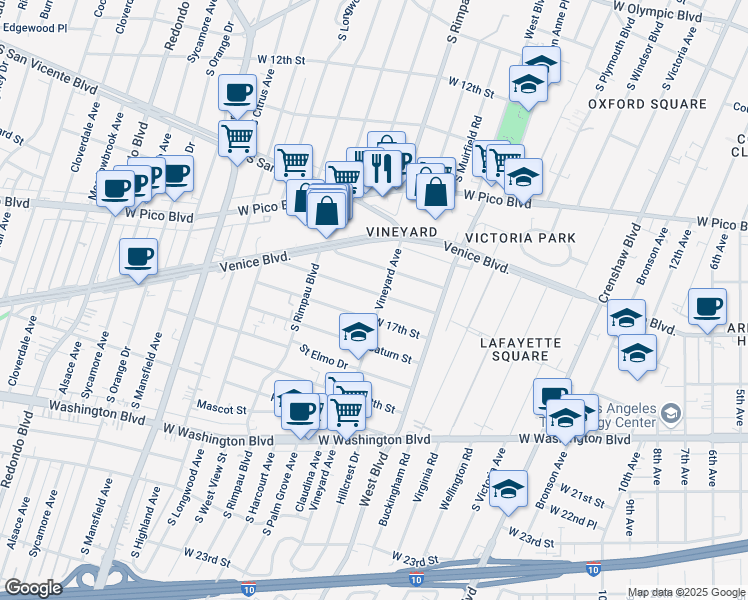 map of restaurants, bars, coffee shops, grocery stores, and more near 4603 Saint Charles Place in Los Angeles