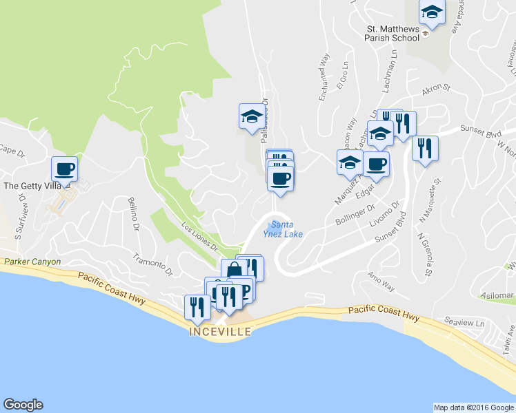 map of restaurants, bars, coffee shops, grocery stores, and more near 465 Palisades Drive in Los Angeles