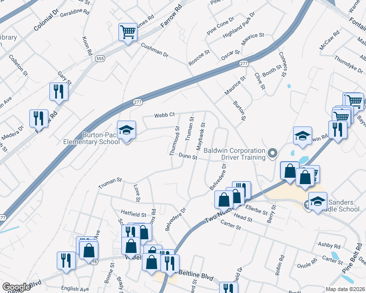 map of restaurants, bars, coffee shops, grocery stores, and more near 3627 Thurmond Street in Columbia